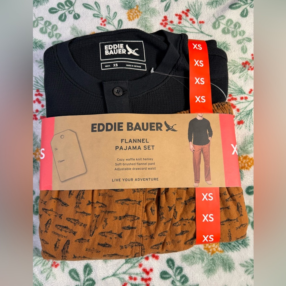 Eddie Bauer Men’s Pajama Set XS Black Fish Print NWT